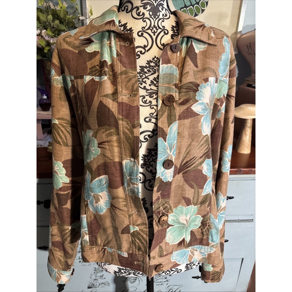 Coldwater Creek Linen Rayon Light Weight Summer Jacket Browns Turquoise  Medium‎